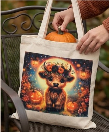 "Cozy Highland Cow" Autumn Tote Bag  Rustic Magic and Charm