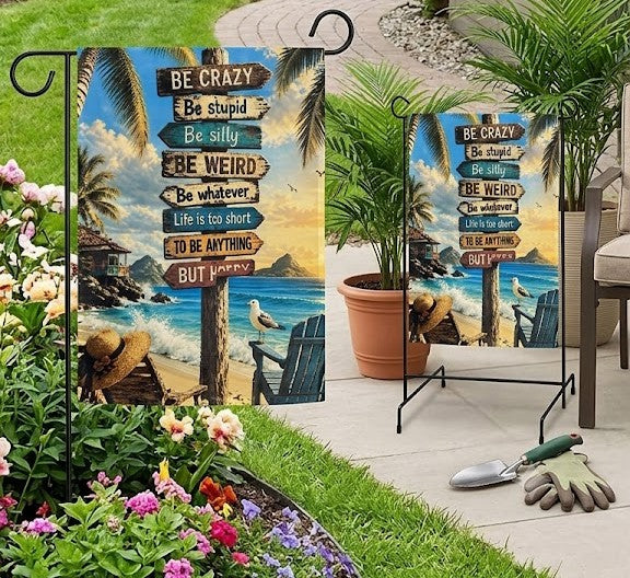 12x18 Beach Garden Flag with Stand Included – Retro Coastal Decor for Patio, Lawn, and Entryway