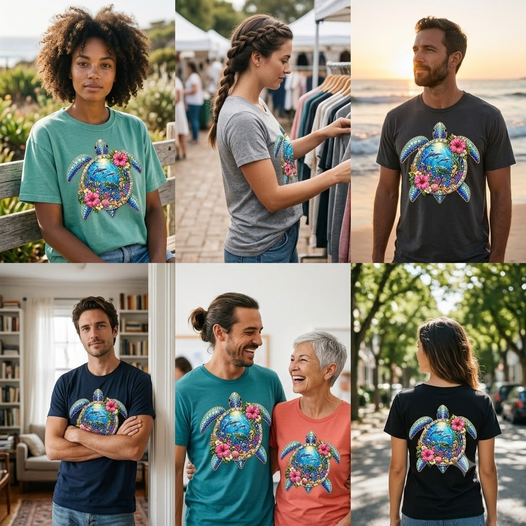 "Crystal Sea Turtle" T-Shirt – Sparkling Rhinestone Effect and Tropical Flowers