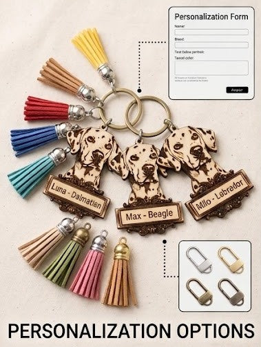Handcrafted Wooden Keychain - "I Love My Dog" Dalmatian Edition | With Leather Tassel and Personalized Laser Engraving