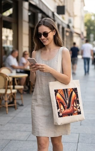 "Pisa Fuerte" Canvas Tote Bag – Jeweled Shoe Illustration in Orange & Crystals