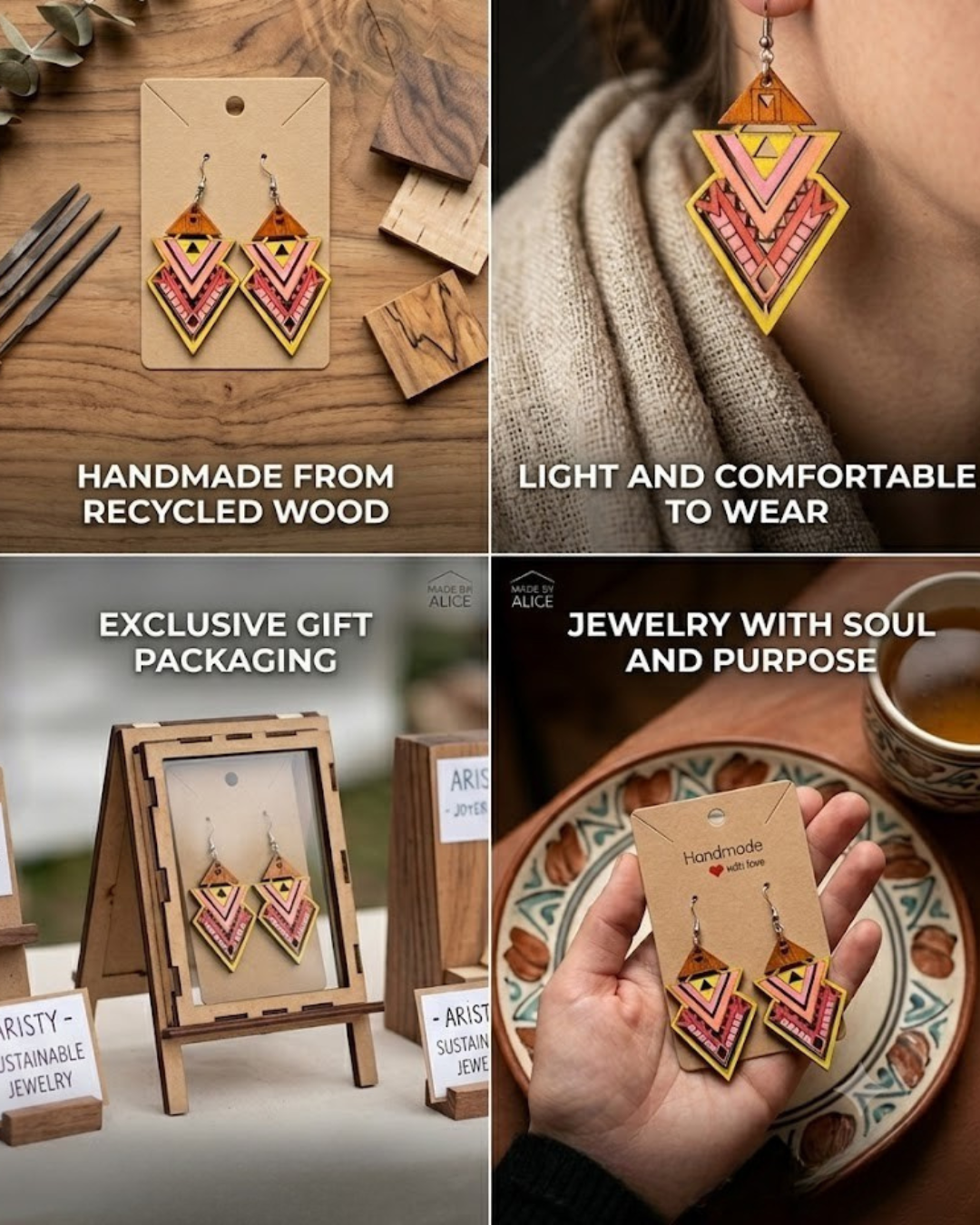 "Tribal Sunset" Hand-Painted Geometric Earrings: Recycled Wood Art – Limited Edition