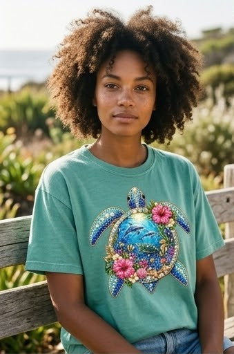 "Crystal Sea Turtle" T-Shirt – Sparkling Rhinestone Effect and Tropical Flowers