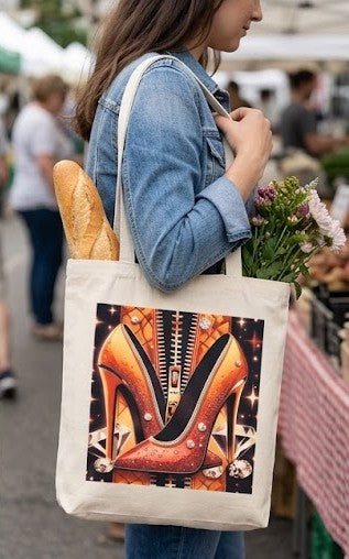 "Pisa Fuerte" Canvas Tote Bag – Jeweled Shoe Illustration in Orange & Crystals
