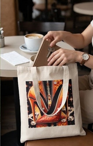 "Pisa Fuerte" Canvas Tote Bag – Jeweled Shoe Illustration in Orange & Crystals