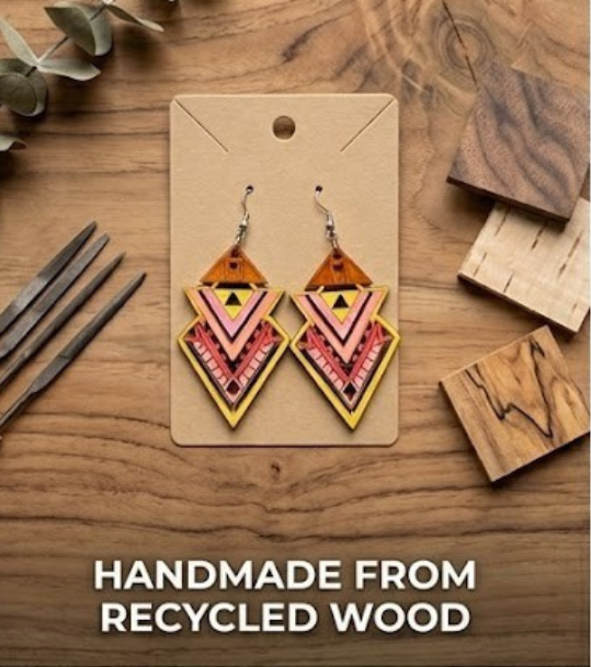 "Tribal Sunset" Hand-Painted Geometric Earrings: Recycled Wood Art – Limited Edition