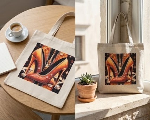 "Pisa Fuerte" Canvas Tote Bag – Jeweled Shoe Illustration in Orange & Crystals