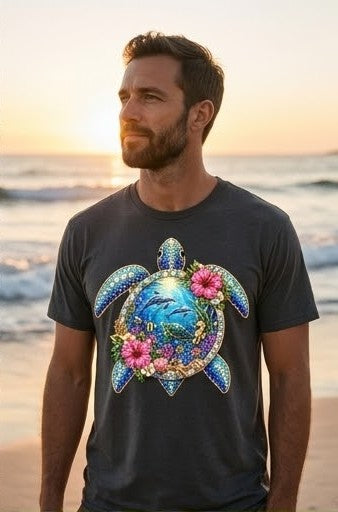 "Crystal Sea Turtle" T-Shirt – Sparkling Rhinestone Effect and Tropical Flowers