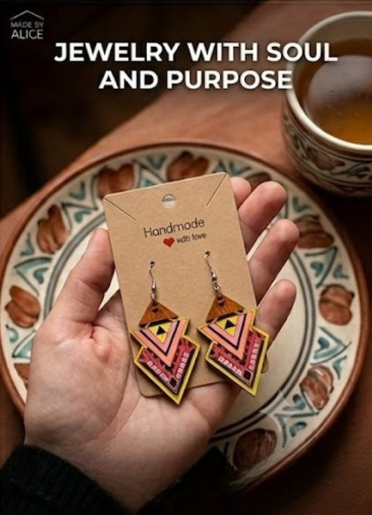 "Tribal Sunset" Hand-Painted Geometric Earrings: Recycled Wood Art – Limited Edition