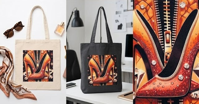 "Pisa Fuerte" Canvas Tote Bag – Jeweled Shoe Illustration in Orange & Crystals