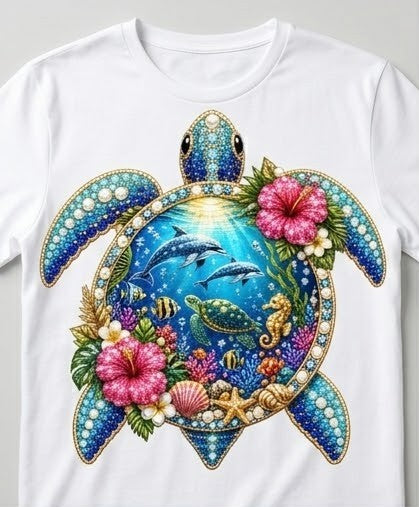 "Crystal Sea Turtle" T-Shirt – Sparkling Rhinestone Effect and Tropical Flowers