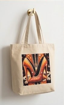 "Pisa Fuerte" Canvas Tote Bag – Jeweled Shoe Illustration in Orange & Crystals