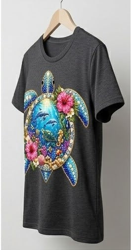 "Crystal Sea Turtle" T-Shirt – Sparkling Rhinestone Effect and Tropical Flowers