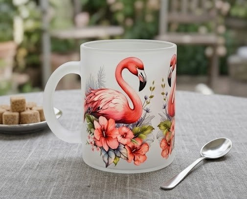 Tropical Flamingo Frosted Glass Mug | Handcrafted Gift