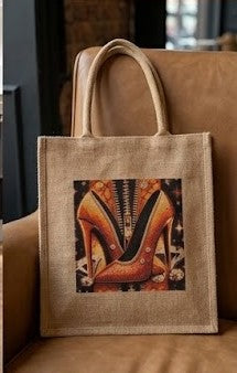 "Pisa Fuerte" Canvas Tote Bag – Jeweled Shoe Illustration in Orange & Crystals