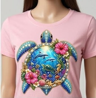 "Crystal Sea Turtle" T-Shirt – Sparkling Rhinestone Effect and Tropical Flowers