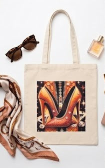 "Pisa Fuerte" Canvas Tote Bag – Jeweled Shoe Illustration in Orange & Crystals