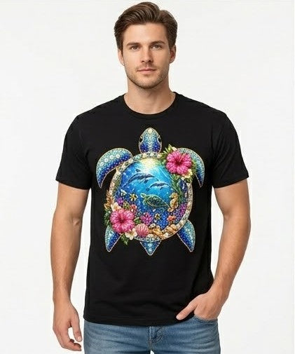 "Crystal Sea Turtle" T-Shirt – Sparkling Rhinestone Effect and Tropical Flowers