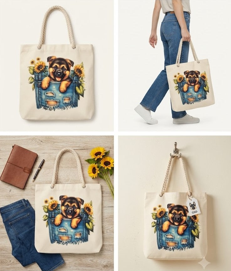 Canvas Tote Bag – German Shepherd and Sunflower Design with Rope Handles