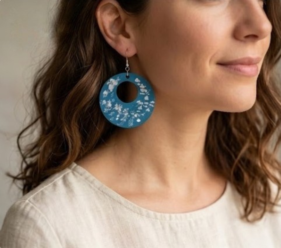 "Sea Sparkle" Handcrafted Earrings – Hand-Painted Recycled Wood