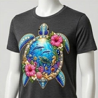 "Crystal Sea Turtle" T-Shirt – Sparkling Rhinestone Effect and Tropical Flowers