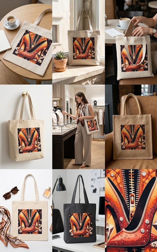 "Pisa Fuerte" Canvas Tote Bag – Jeweled Shoe Illustration in Orange & Crystals