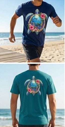 "Crystal Sea Turtle" T-Shirt – Sparkling Rhinestone Effect and Tropical Flowers