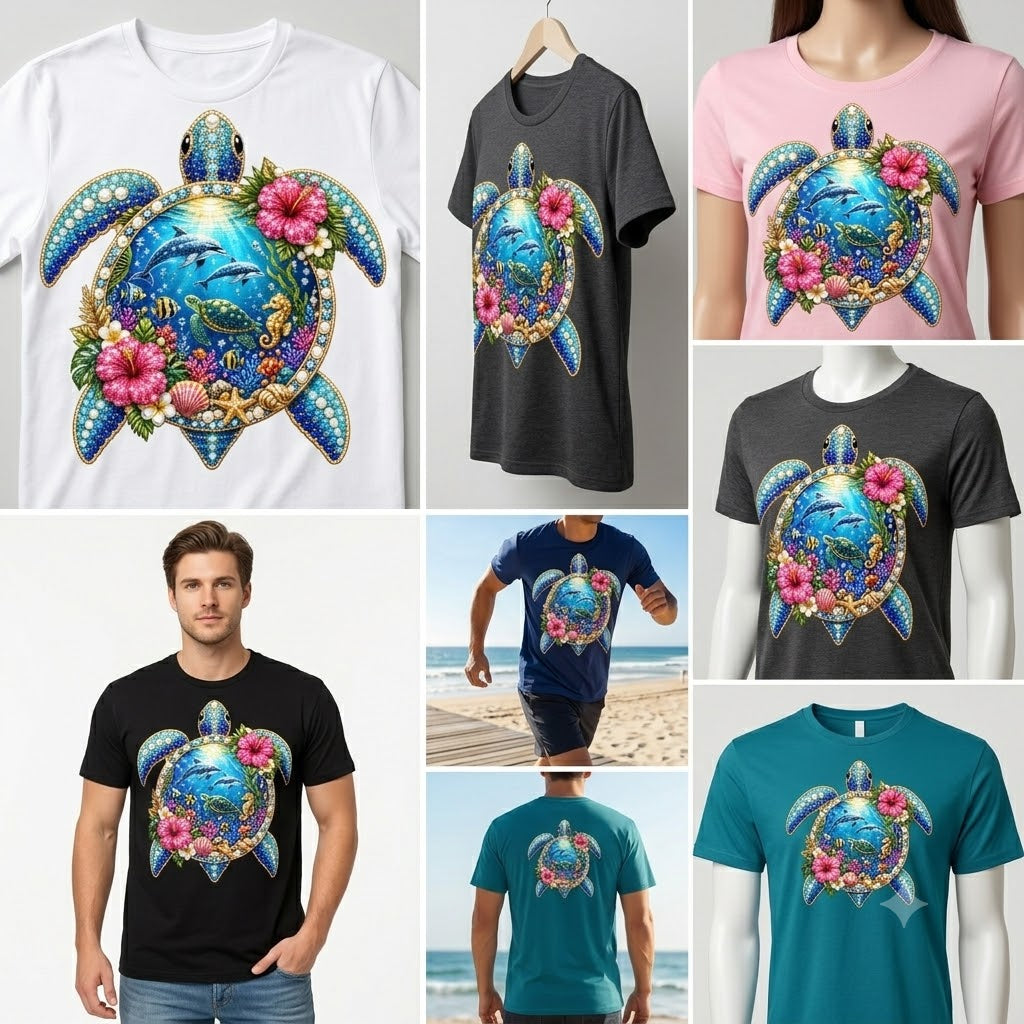 "Crystal Sea Turtle" T-Shirt – Sparkling Rhinestone Effect and Tropical Flowers