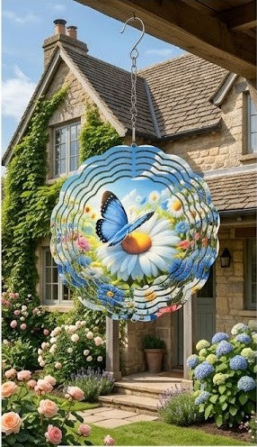 3D Blue Butterfly & Daisy Wind Spinner – Kinetic Garden Sculpture with 360° Swivel Hook