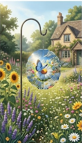 3D Blue Butterfly & Daisy Wind Spinner – Kinetic Garden Sculpture with 360° Swivel Hook