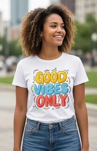 "Good Vibes Only" T-Shirt – Colorful Retro-Pop Style