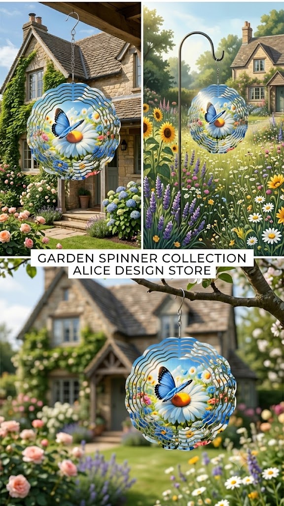3D Blue Butterfly & Daisy Wind Spinner – Kinetic Garden Sculpture with 360° Swivel Hook