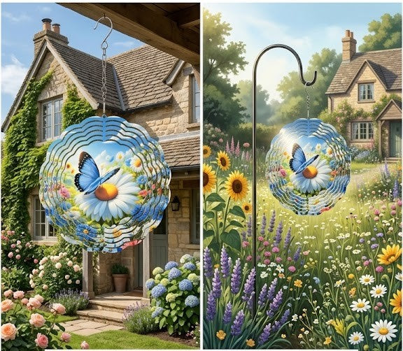 3D Blue Butterfly & Daisy Wind Spinner – Kinetic Garden Sculpture with 360° Swivel Hook