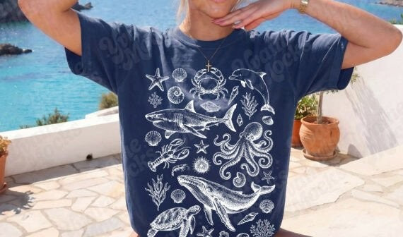 Vintage Nautical Ocean T-Shirt | Chalk Etching Marine Art
