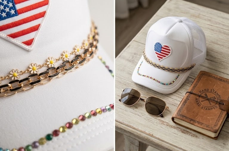 Custom Trucker Hat with USA Heart Patch, Floral Chains, and Multicolored Crystals