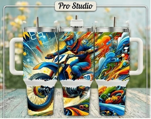 40 oz Motocross Insulated Tumbler with Handle – Heavy-Duty Sports Gift, Color Explosion Design