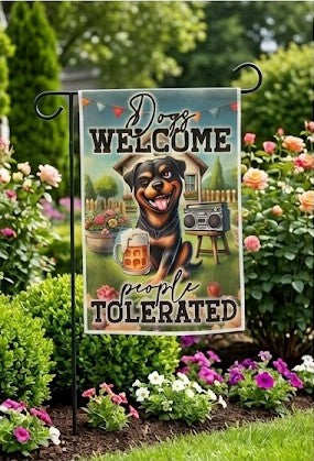 "Dogs Welcome, People Tolerated" Garden Flag | The official house rule! 🐾🍺