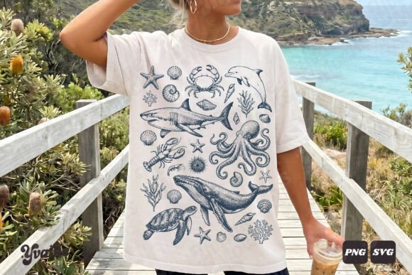 "Mysteries of the Ocean" T-Shirt – Chalk Etching Style / Vintage Nautical