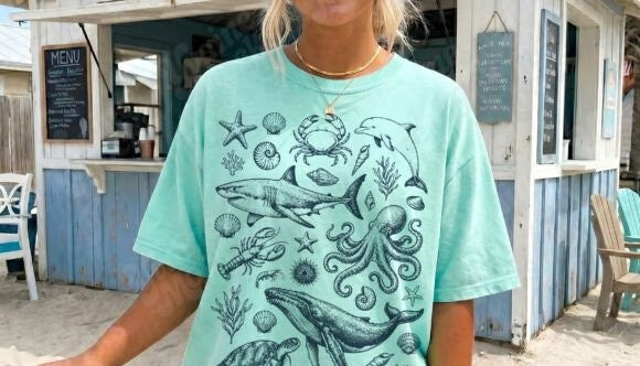 Vintage Nautical Ocean T-Shirt | Chalk Etching Marine Art
