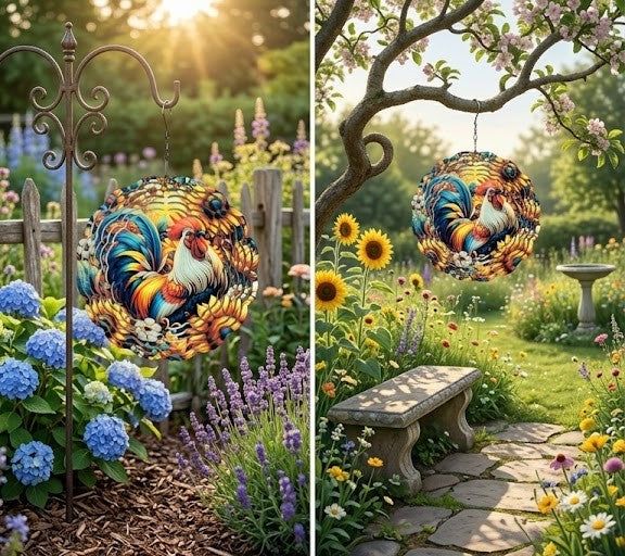 Rooster Wind Spinner 3D - Rustic Country Garden Decor with Sunflowers | Farmhouse Gift