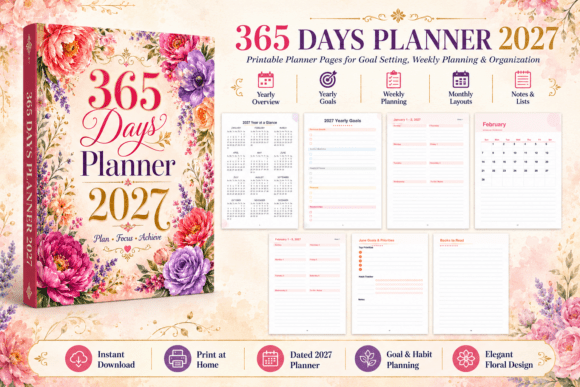 2027 Daily Planner Printable PDF - 365 Days Goal Tracker | Instant Download