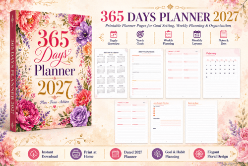 2027 Daily Planner Printable PDF - 365 Days Goal Tracker | Instant Download