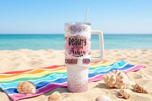 "Beauty from Ashes" 40oz Tumbler—Christian faith-themed gift for women featuring an inspiring verse