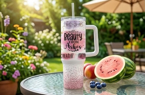 "Beauty from Ashes" 40oz Tumbler—Christian faith-themed gift for women featuring an inspiring verse