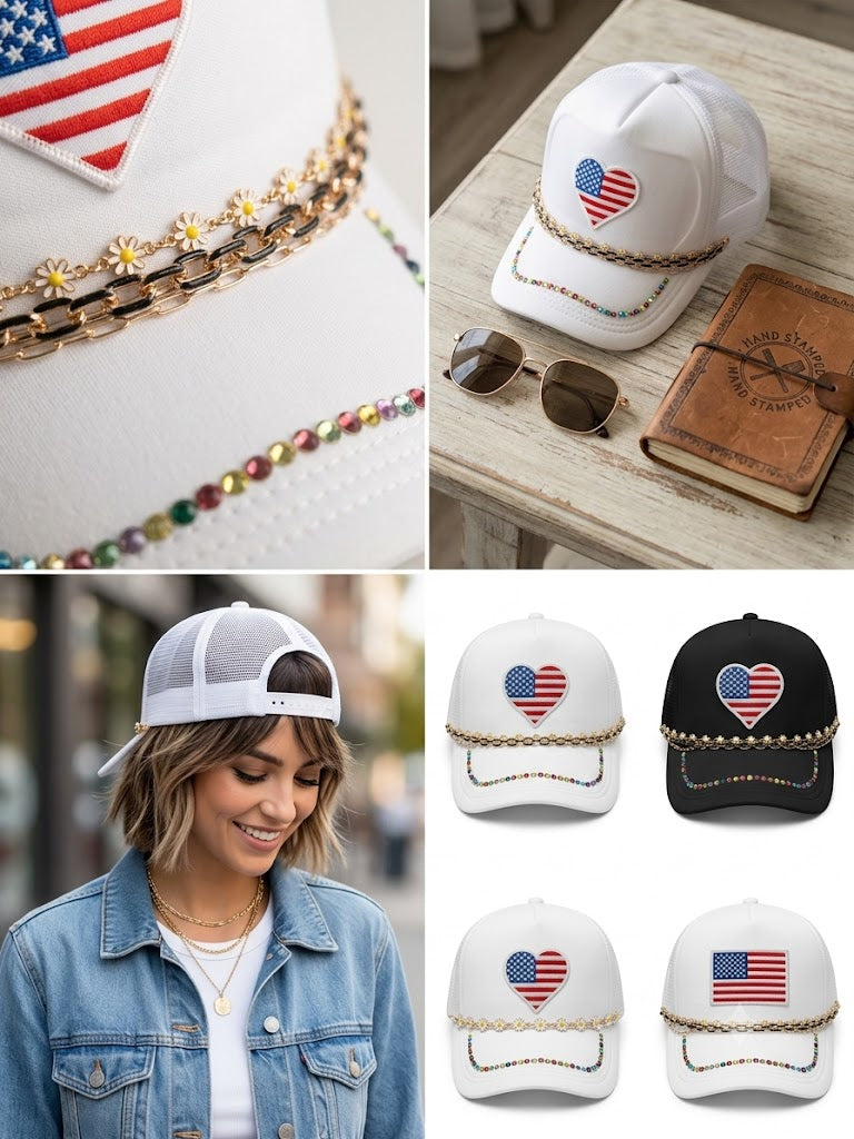Custom Trucker Hat with USA Heart Patch, Floral Chains, and Multicolored Crystals