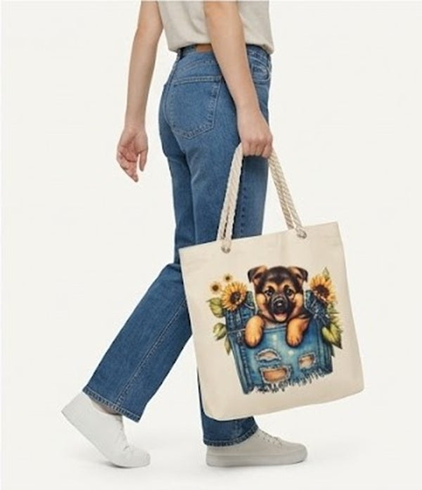 Canvas Tote Bag – German Shepherd and Sunflower Design with Rope Handles