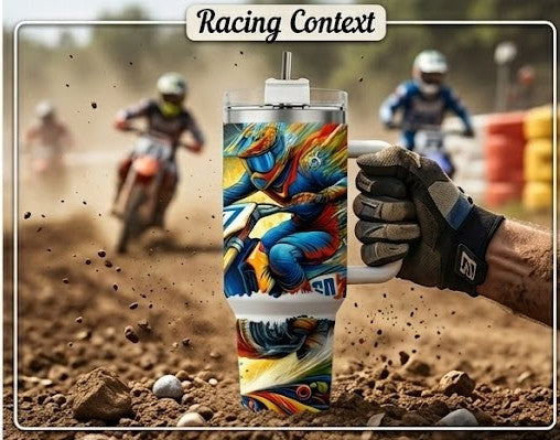 40 oz Motocross Insulated Tumbler with Handle – Heavy-Duty Sports Gift, Color Explosion Design