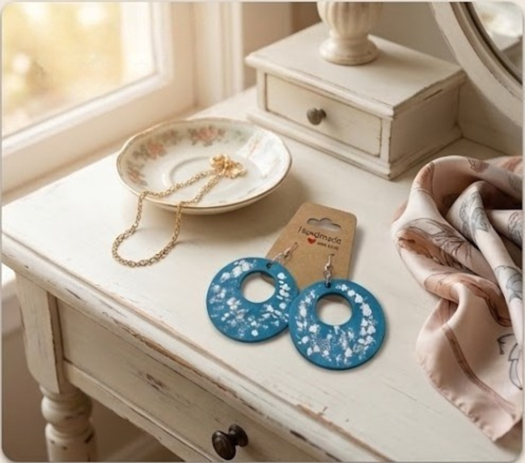 "Sea Sparkle" Handcrafted Earrings – Hand-Painted Recycled Wood