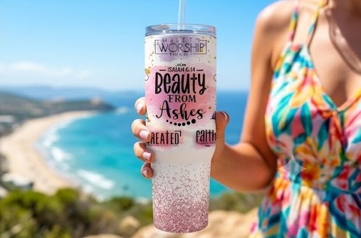 "Beauty from Ashes" 40oz Tumbler—Christian faith-themed gift for women featuring an inspiring verse