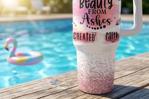 "Beauty from Ashes" 40oz Tumbler—Christian faith-themed gift for women featuring an inspiring verse